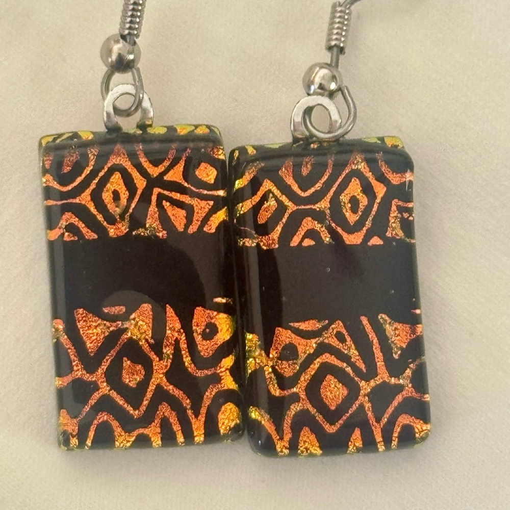 Artisan Glass Earrings Black & Copper Foil Rectangular Autumn Boho Chic